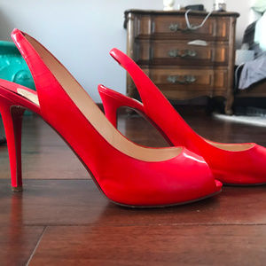 Louboutin Coral Patent Leather peeptoe sling backs